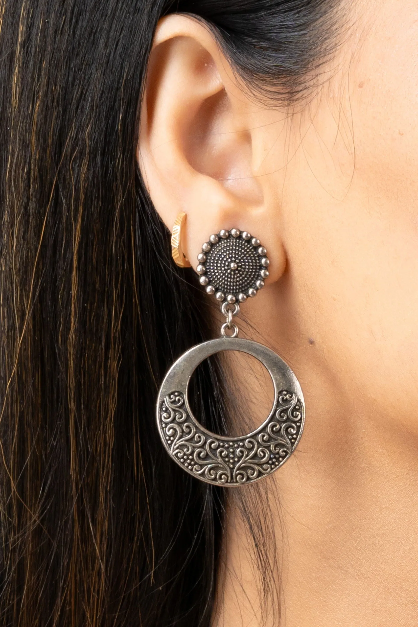 Oxidized German Silver Round Stud Chandbali Earrings