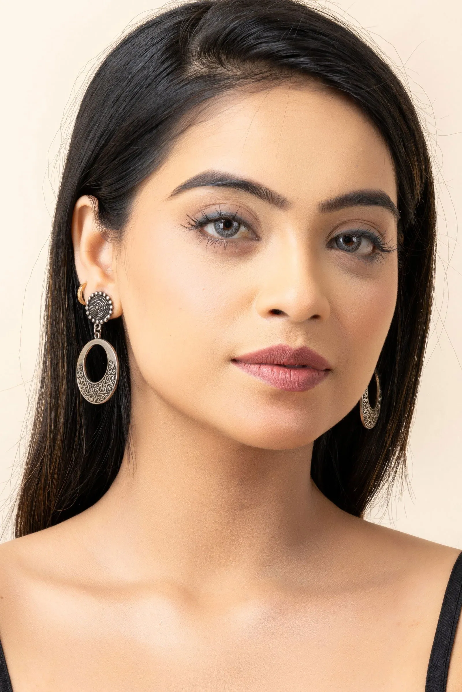 Oxidized German Silver Round Stud Chandbali Earrings