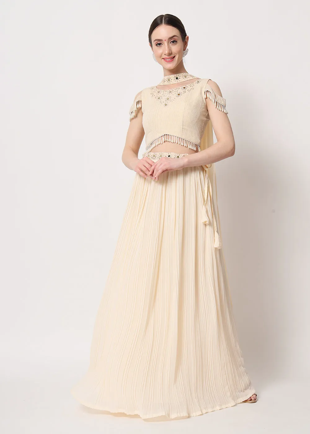 Party Wear Lovely Beige Georgette Crushed Lehenga Choli