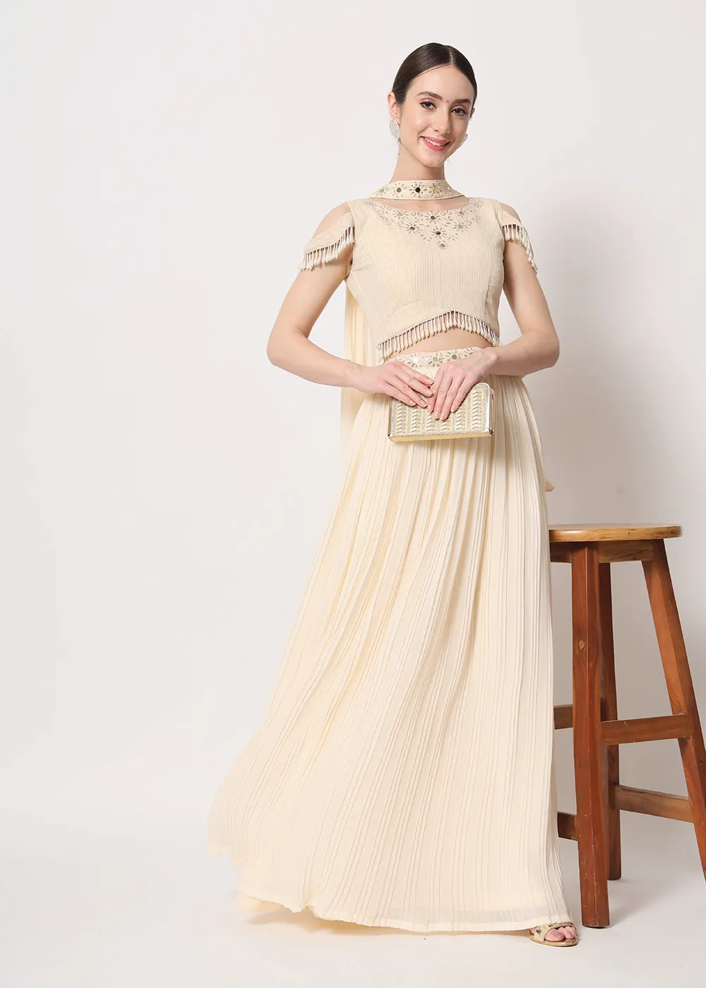 Party Wear Lovely Beige Georgette Crushed Lehenga Choli