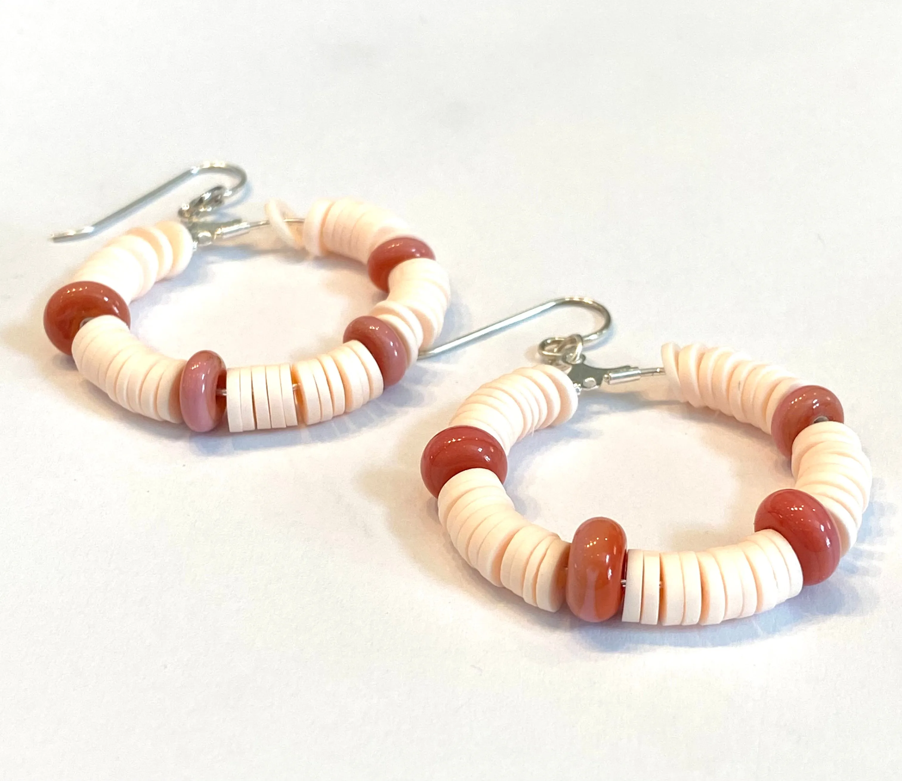 Peach Heishi and Coral Glass Beaded Hoop Earrings