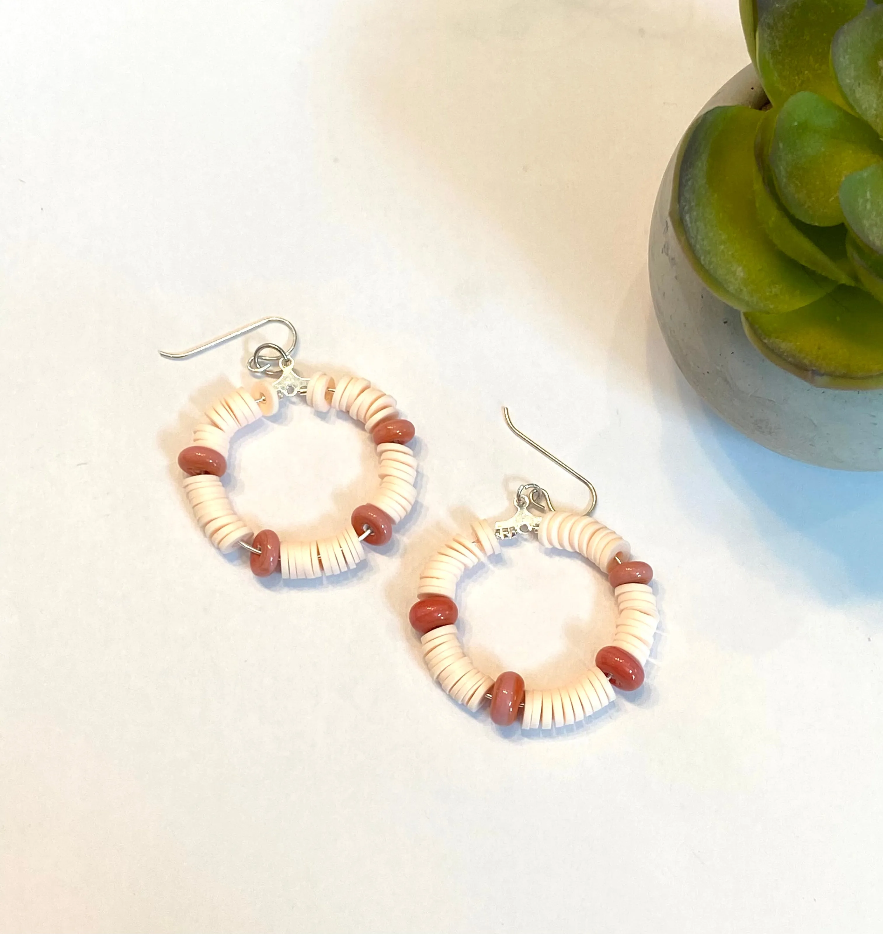 Peach Heishi and Coral Glass Beaded Hoop Earrings