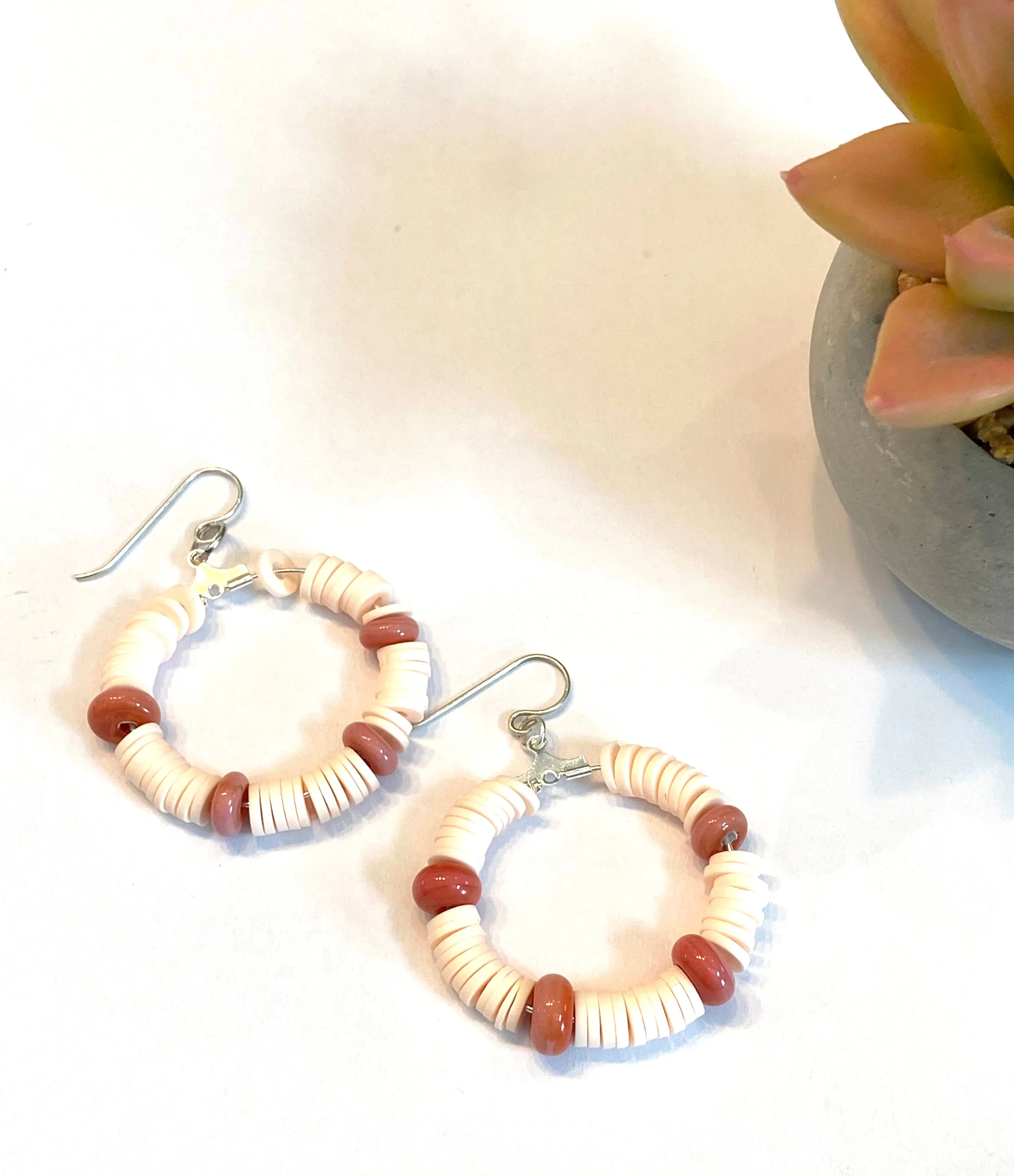 Peach Heishi and Coral Glass Beaded Hoop Earrings