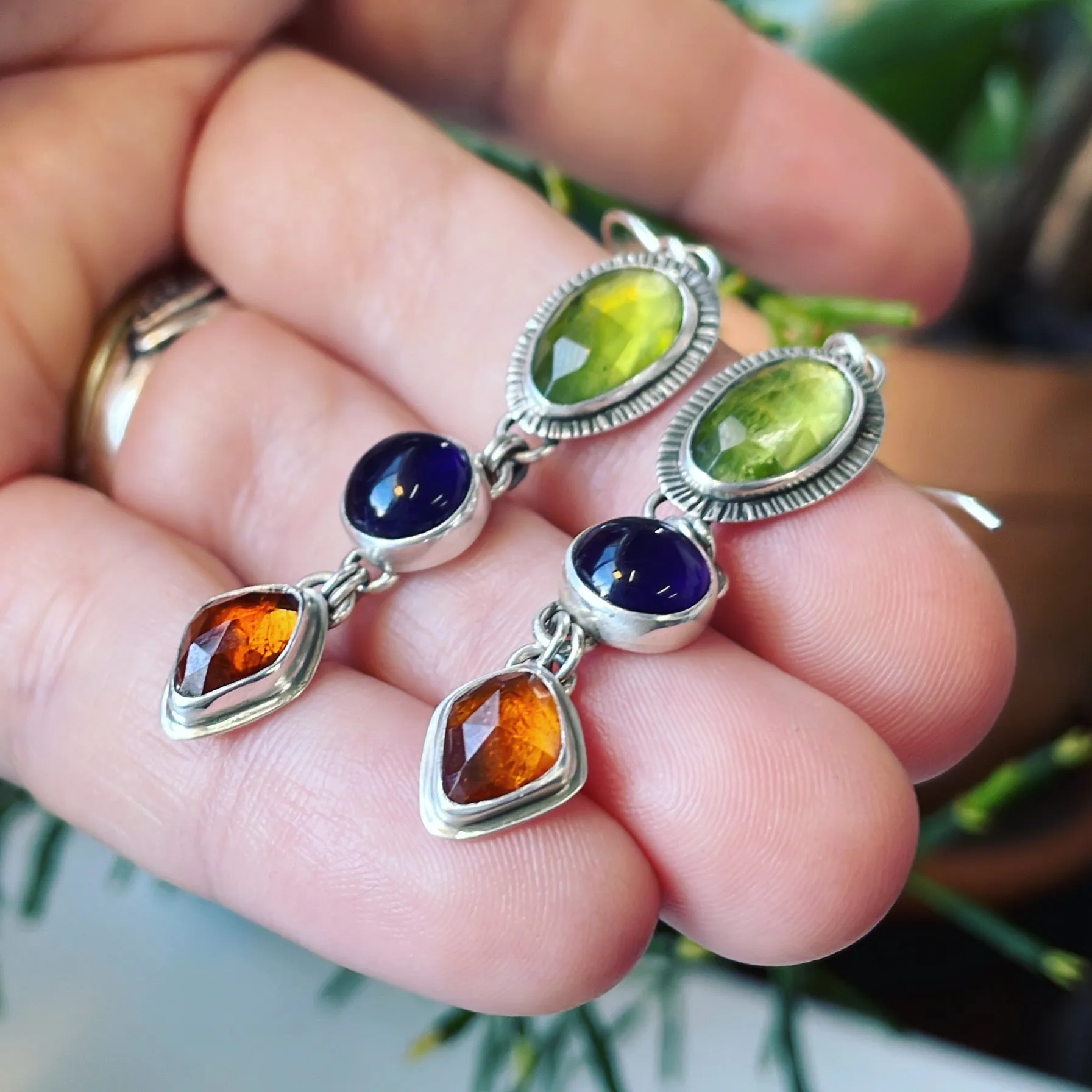 Peridot, Amethyst, Spessartite Garnet and Sterling Silver Earrings