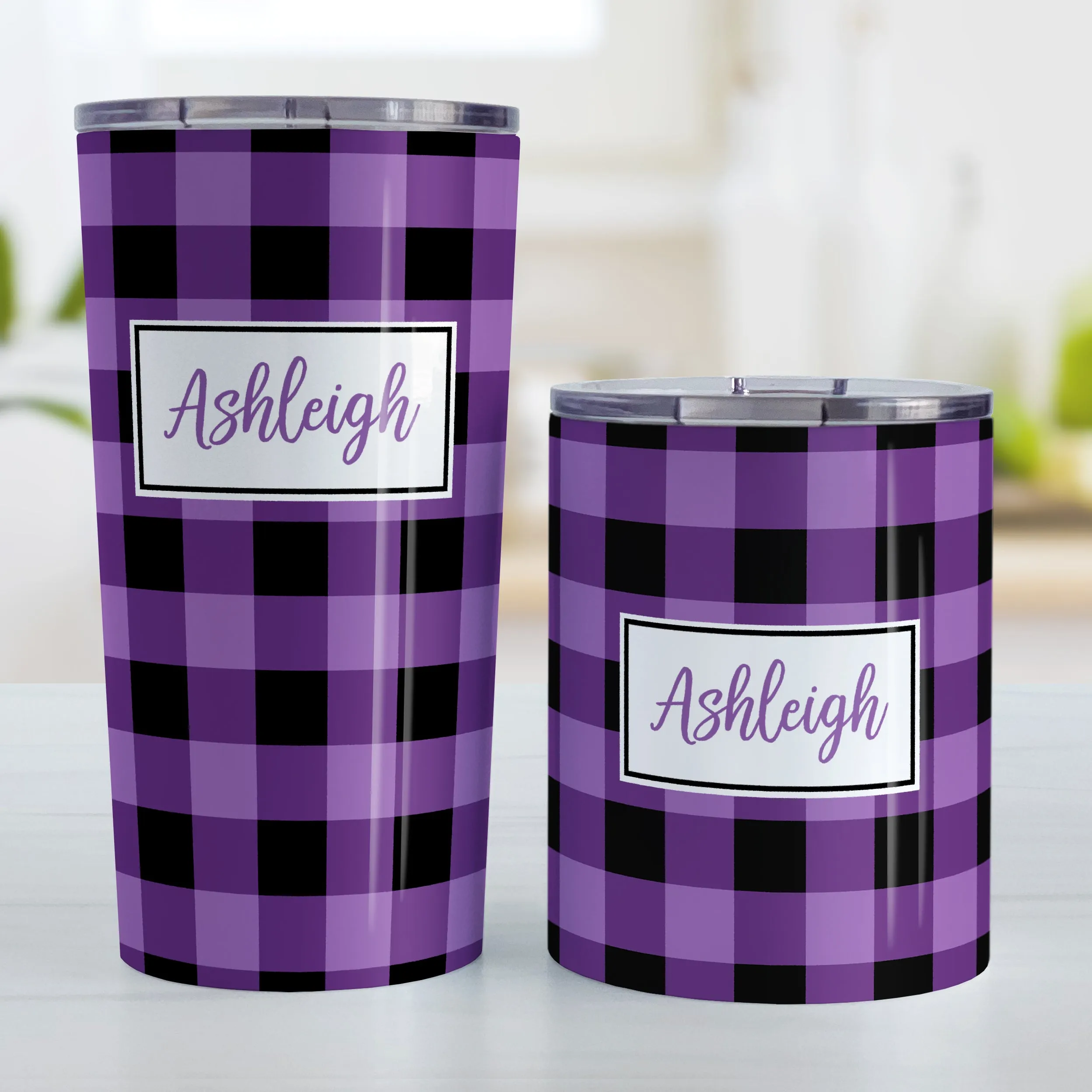 Personalized Purple and Black Buffalo Plaid Tumbler Cup