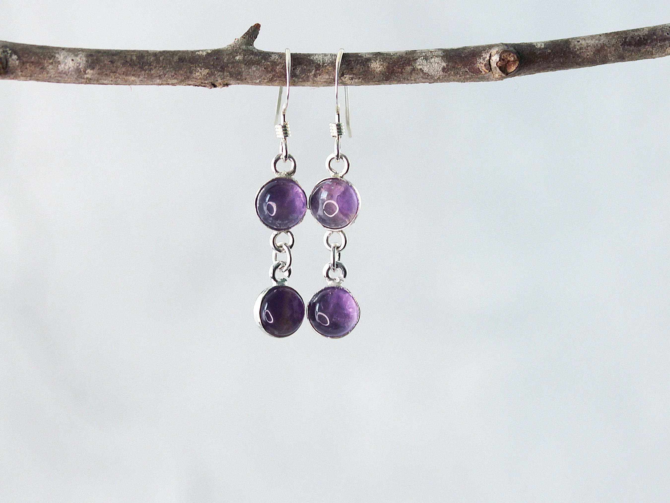 Petite Sterling Silver Two-Stone Purple Amethyst Earrings - Spiritual Elegance