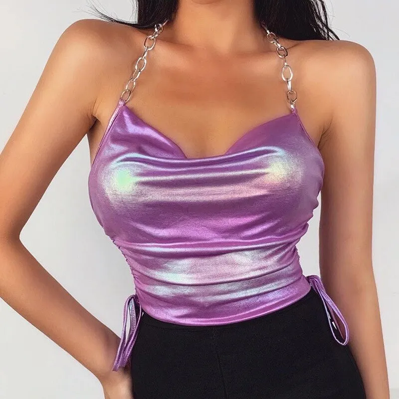 PU Leather Purple Halter Slim Fit Tops