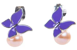 Purple Freshwater Pearl and Sterling Silver Butterfly Drop Earring