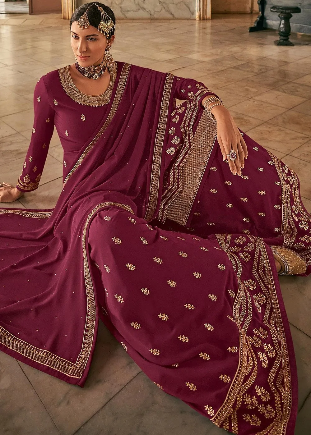 Purple Stone Work Embroidered Georgette Sharara Suit