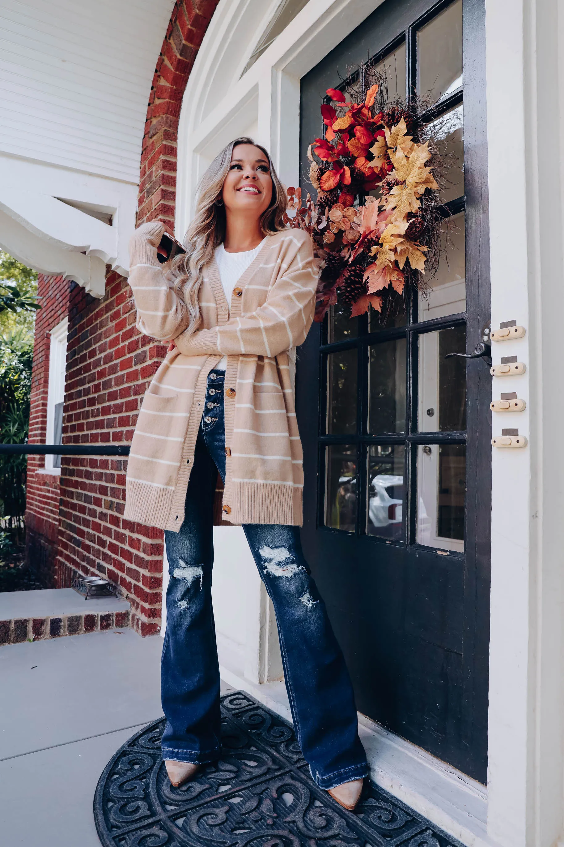 Rainey Button Up Striped Cardigan - Taupe