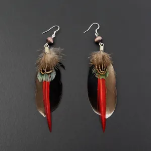 Red and Brown Feather Earrings with Sterling Silver Earwire