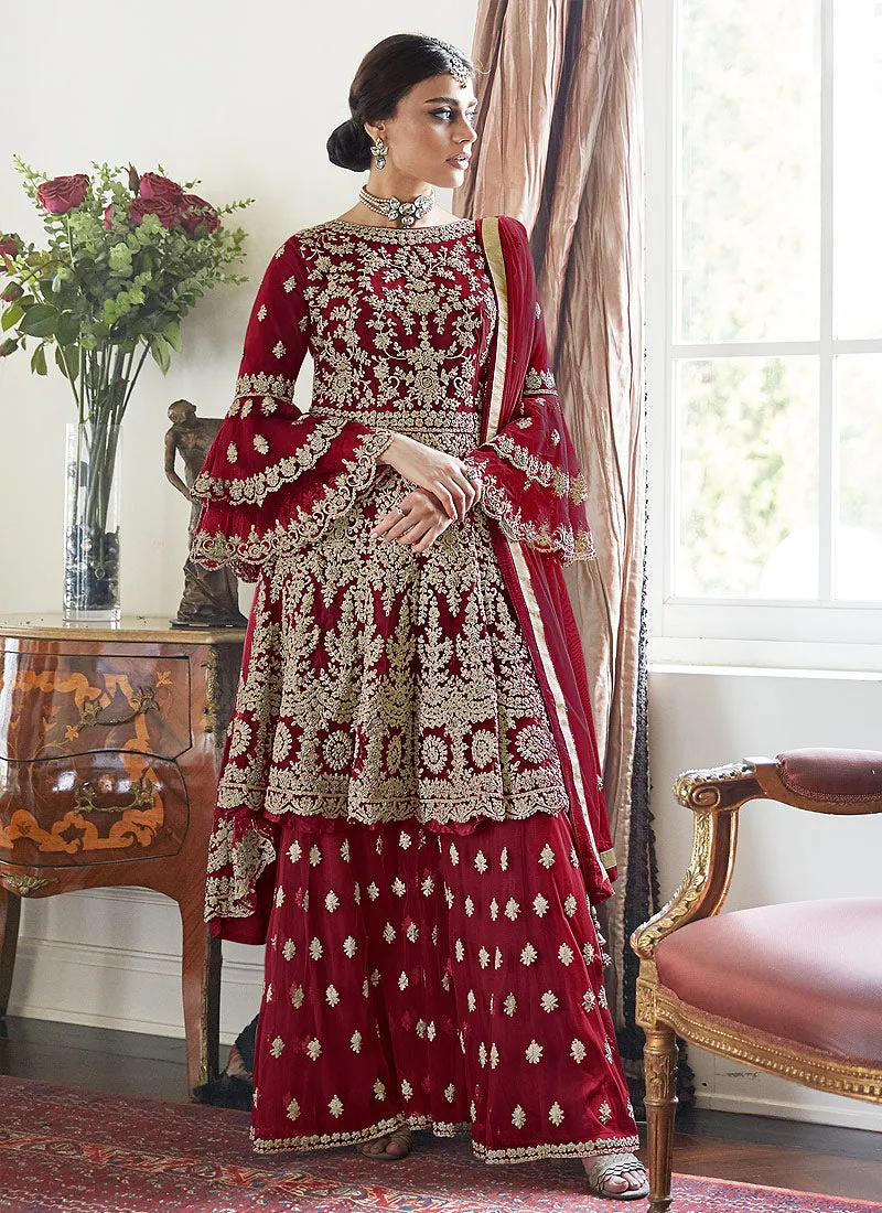 Red Beige Multi Embroidered Designer Gharara Suit