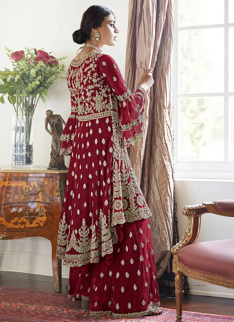 Red Beige Multi Embroidered Designer Gharara Suit