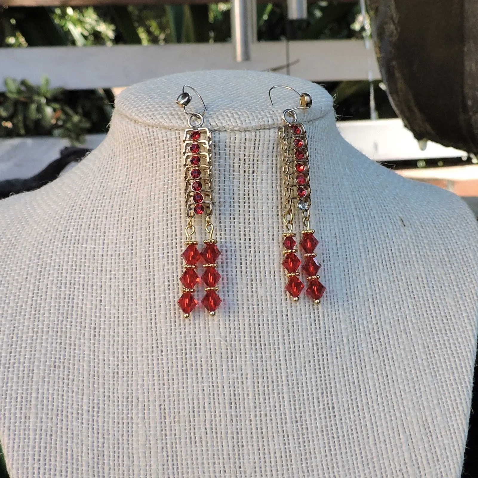 Red Rhinestone and Swarovski Crystal and Gold Dangle Earrings