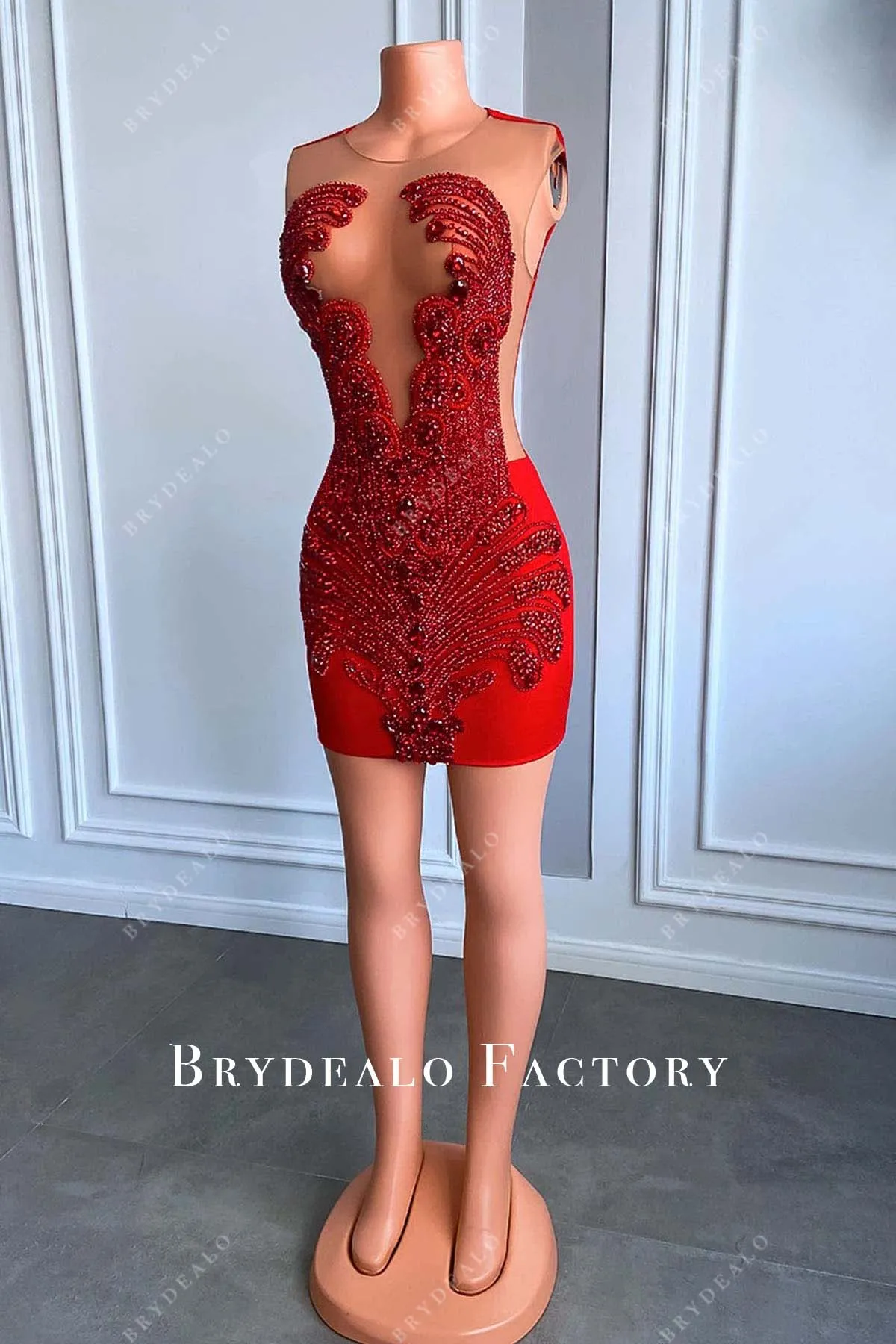 Red Rhinestones Sleeveless Bodycon Mini Dress