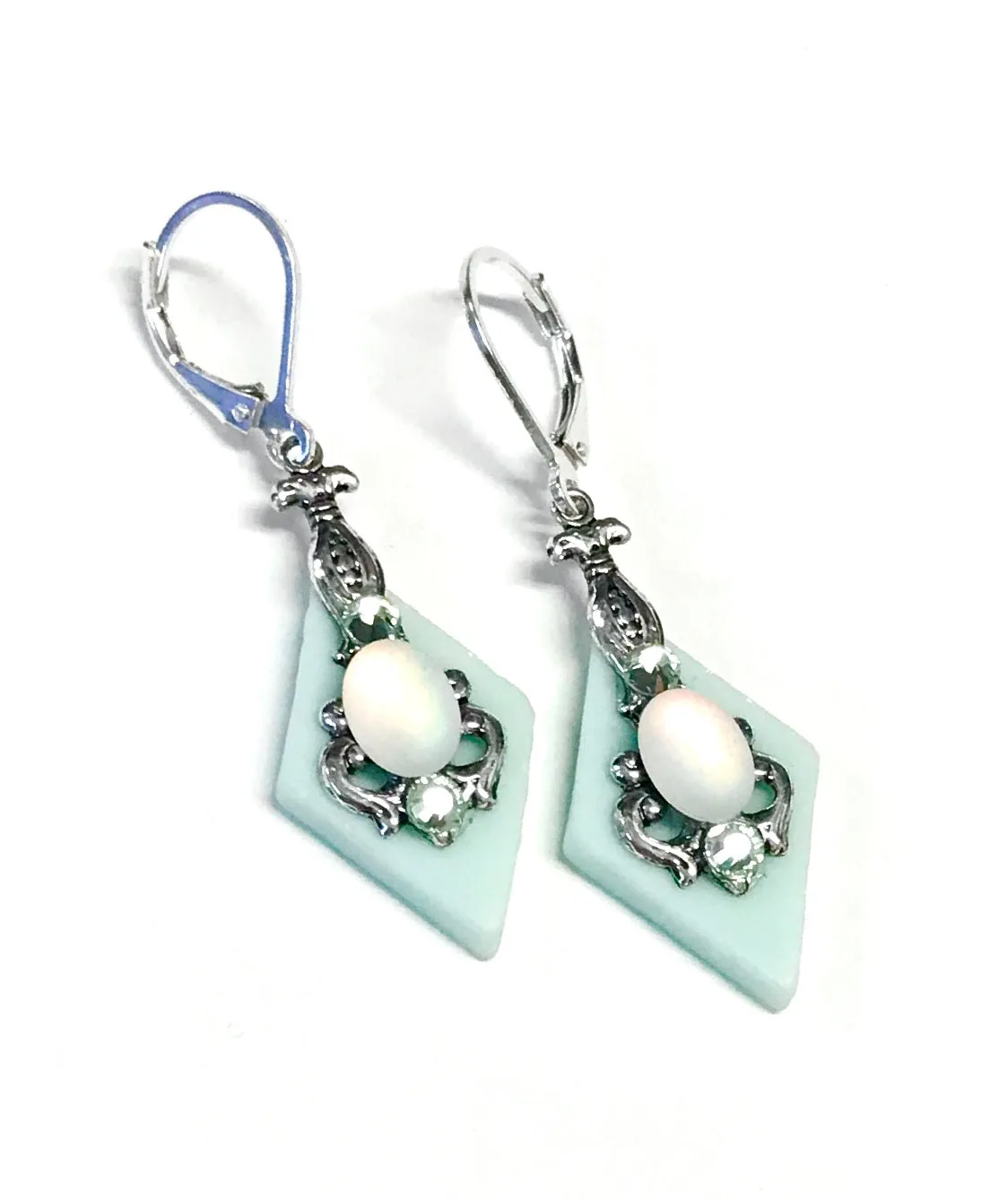 Seafoam Green Stained Glass Earrings - Leverbacks