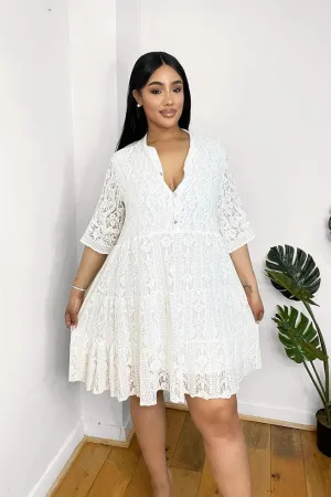 Silver Buttons Cotton Lace Swing Dress