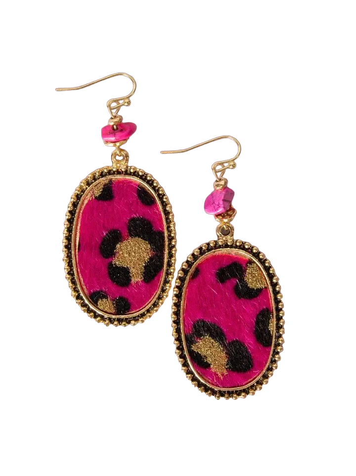 Southern Grace Women's Leopard Fuchsia Furry Stone Oval Earrings