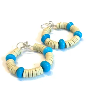 Tan Heishi and Blue Glass Beaded Hoop Earrings