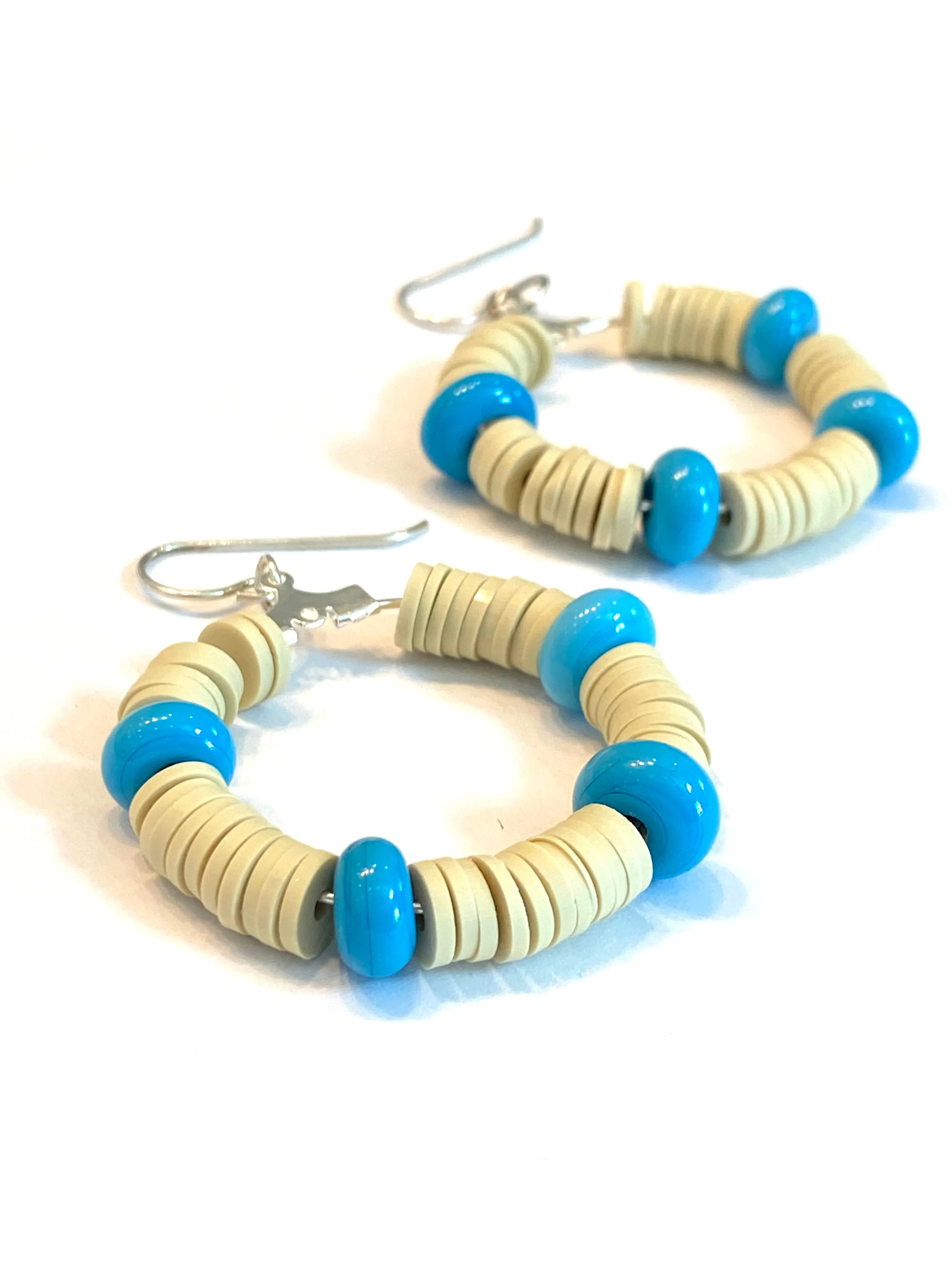 Tan Heishi and Blue Glass Beaded Hoop Earrings