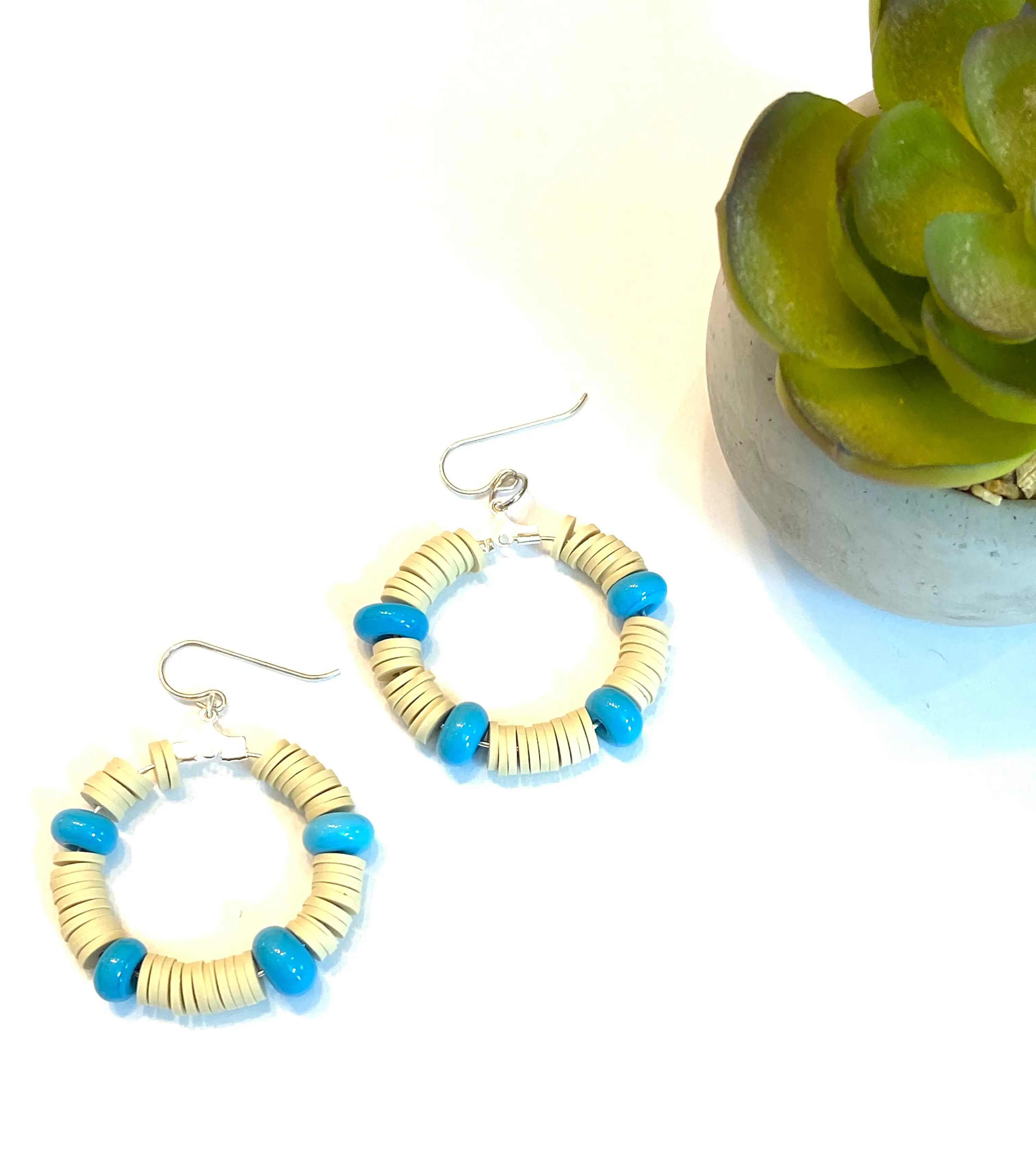 Tan Heishi and Blue Glass Beaded Hoop Earrings