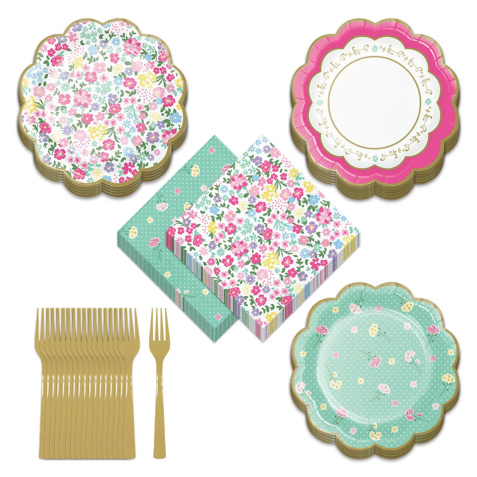 Tea Party Supplies - Floral Scalloped Paper Dessert Plates, Napkins, and Forks for Girls Birthday Party or Bridal Shower (Serves 16)