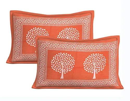 The Trendy Mart Cotton Double Bedsheet Jaipuri/Sanganeri Printed Bedsheets with Pillow Cover, Orange Tree