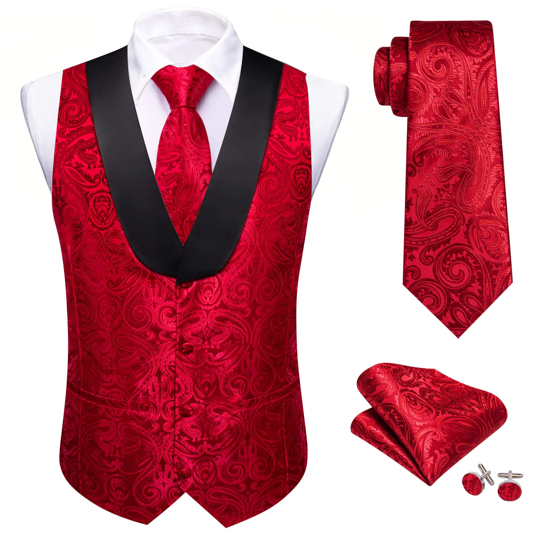 Ties2you Men's Vest Red Jacquard Paisley Shawl Collar Silk Vest Tie Set for Wedding