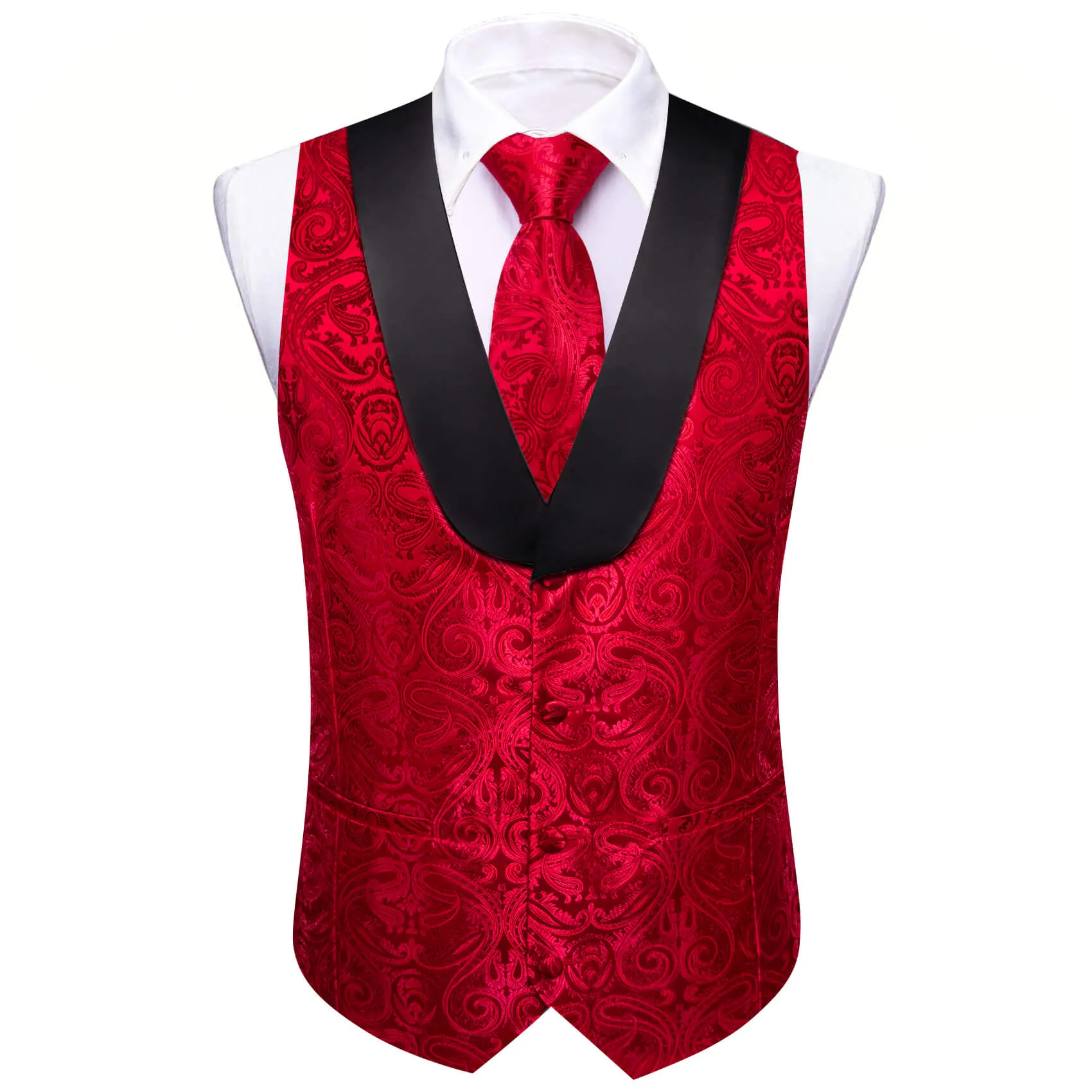 Ties2you Men's Vest Red Jacquard Paisley Shawl Collar Silk Vest Tie Set for Wedding