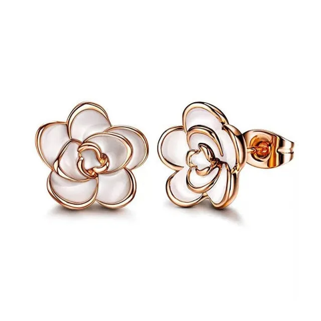 Trendy Jewelry Enamel Camellia Flower Stud Earrings for Women in Gold Color