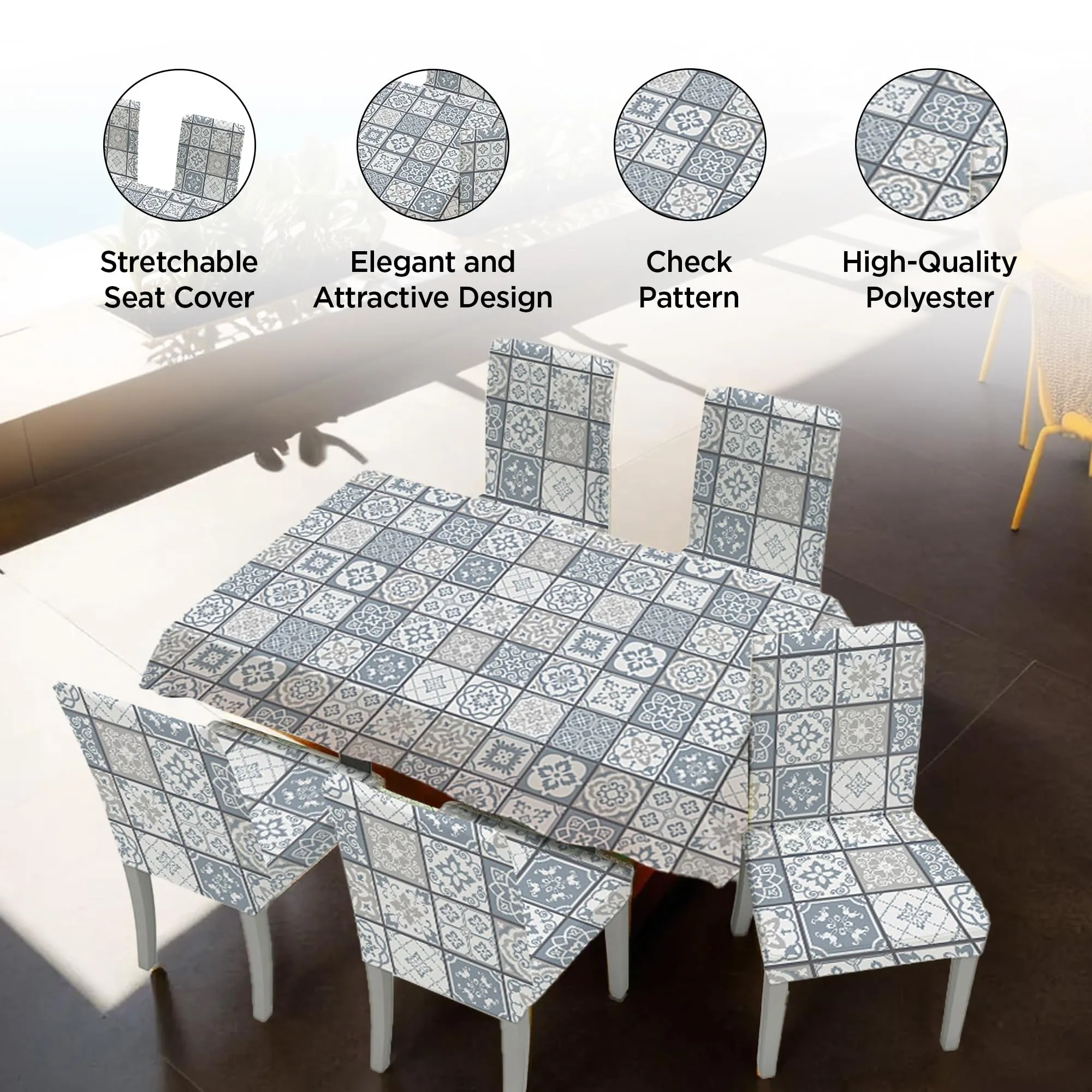 UMAI Dining Table Cloth | Dining Table Cover 6 Seater Cover Set | Water Proof Cloth Dust and Oil Repellent Washable | 6 Chairs 1 Table Cover| Check Pattern - White and Blue