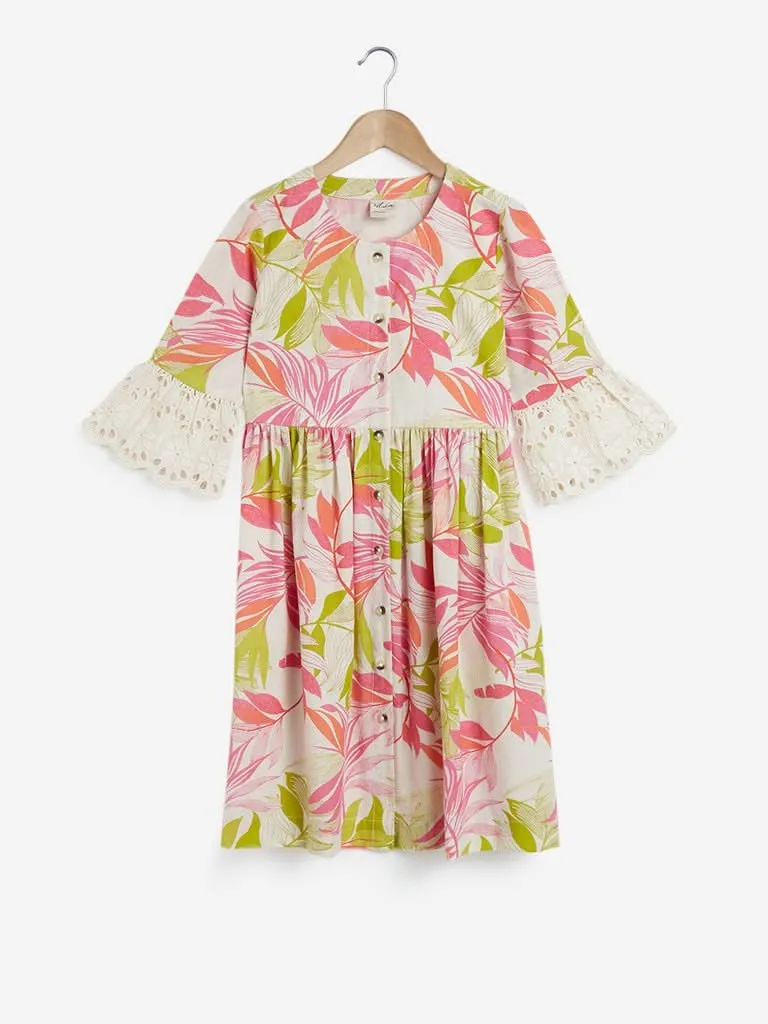 Utsa Kids Multi Leaf Pattern Fit-And-Flare Dress