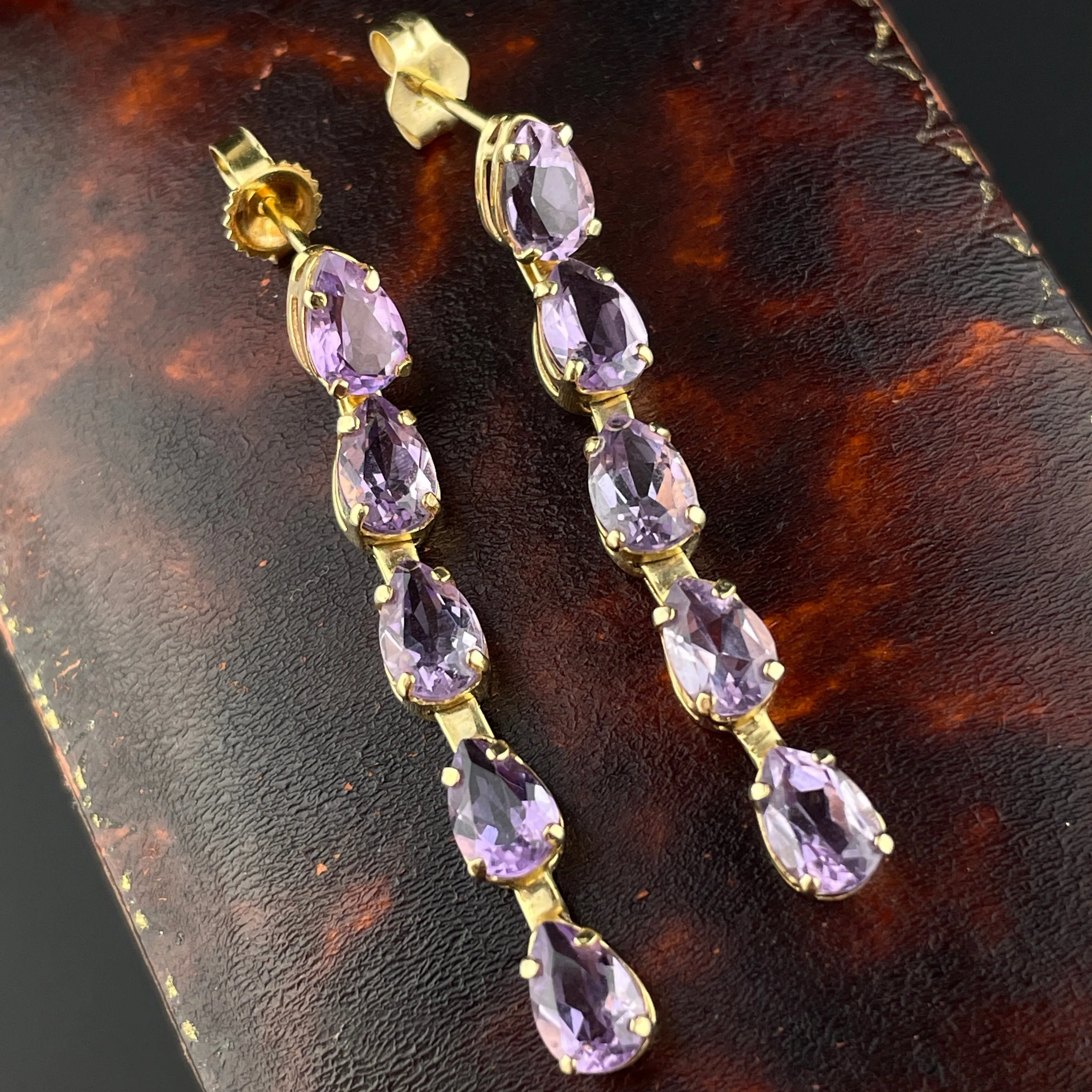 Vintage 14K Gold Five Stone Amethyst Stud Dangle Earrings