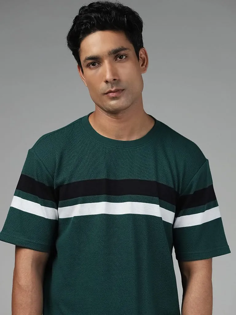 WES Lounge Striped Emerald Green Cotton Blend Relaxed T-Shirt