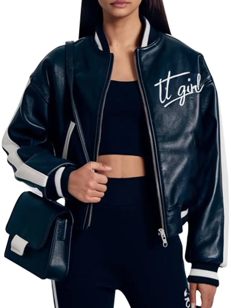 Women's Black Leather Varsity Jacket With White Stripes