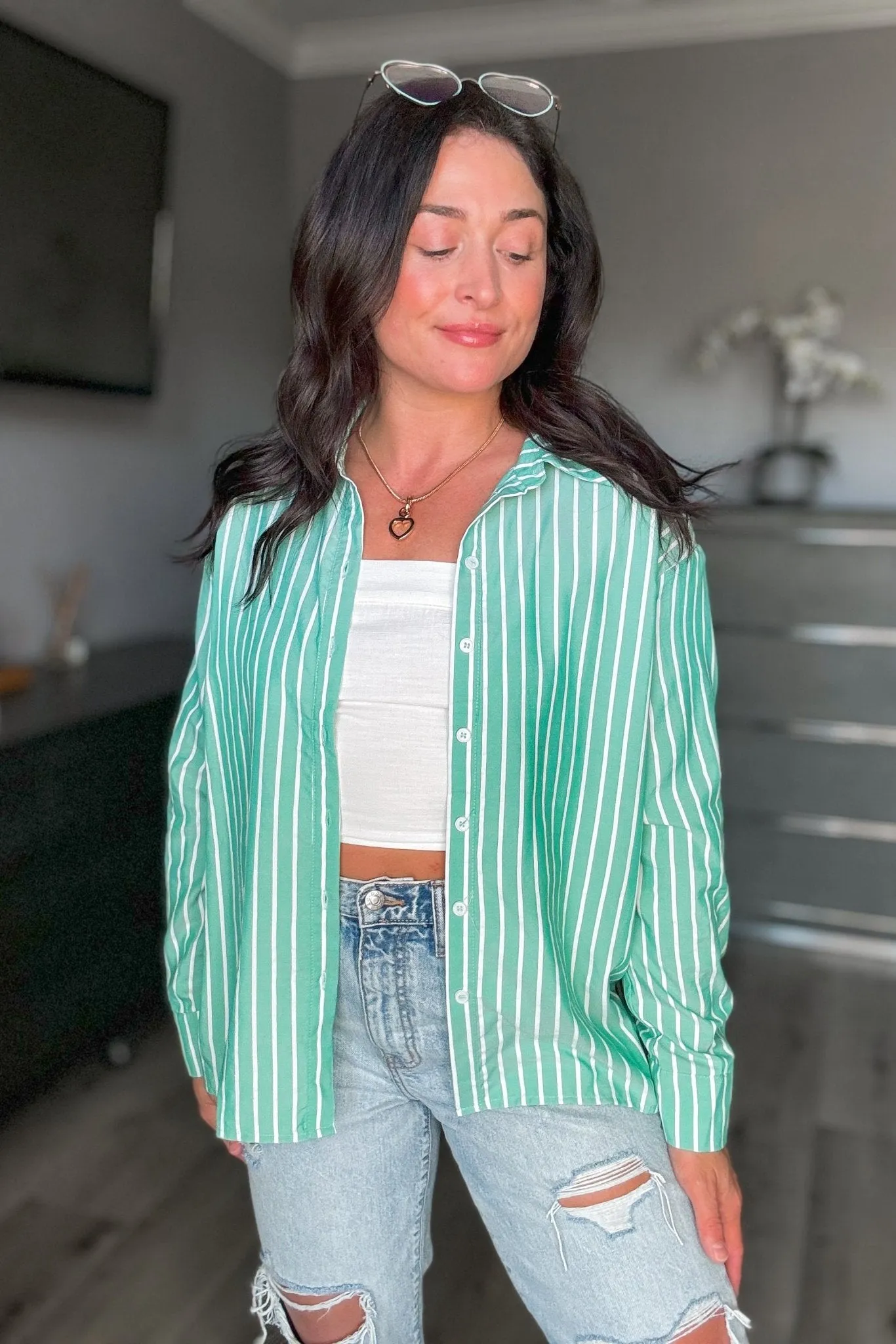 Women's Striped Button Down Long Sleeve Shirt Top | Green