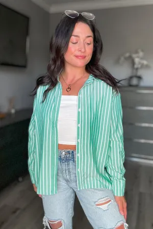 Women's Striped Button Down Long Sleeve Shirt Top | Green