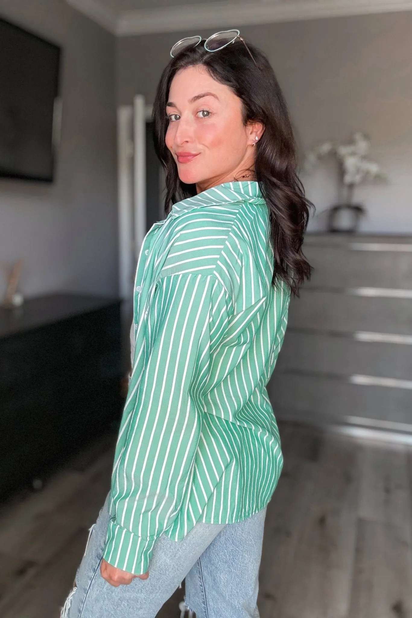 Women's Striped Button Down Long Sleeve Shirt Top | Green