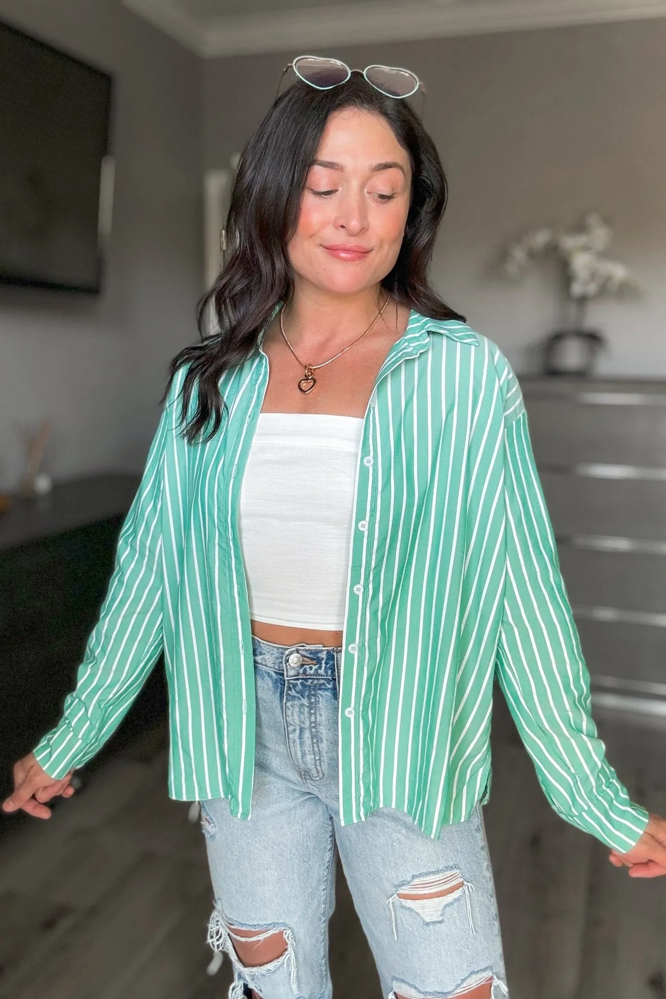 Women's Striped Button Down Long Sleeve Shirt Top | Green